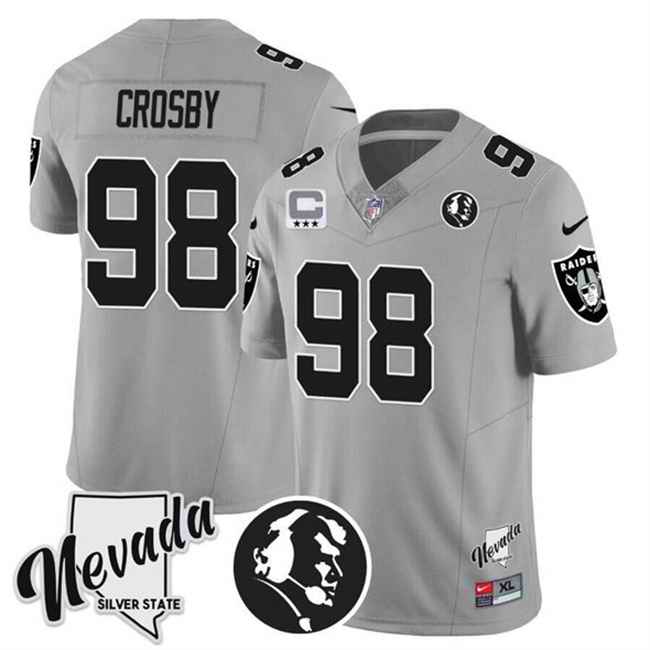 Men's Las Vegas Raiders #98 Maxx Crosby Gray 2025 F.U.S.E. With John Madden Honoring & Nevada Silver State And 3-Star C patch Stitched Football Jersey